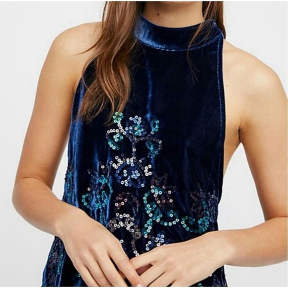 Free People Jill's Sequin Swing Mini Dress Velvet Blue Sz M - Picture 1 of 12